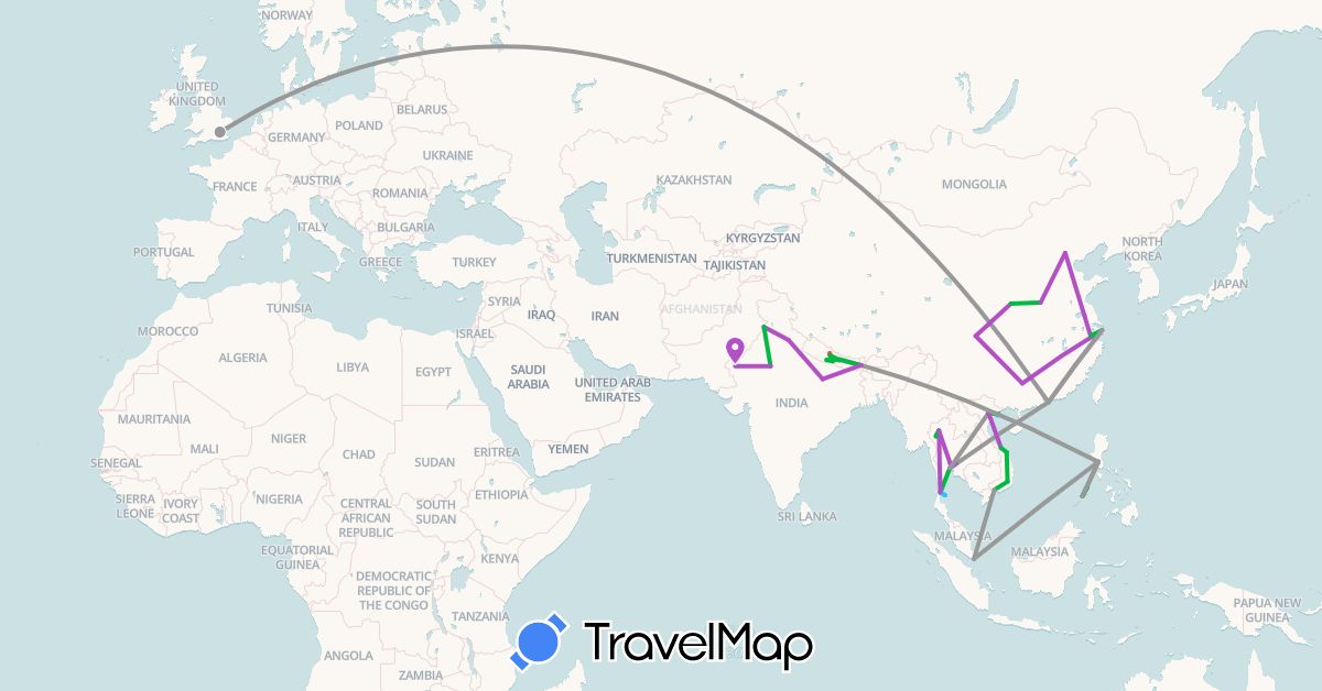 TravelMap itinerary: driving, bus, plane, train, hiking, boat in China, United Kingdom, Hong Kong, India, Nepal, Philippines, Singapore, Thailand, Vietnam (Asia, Europe)
